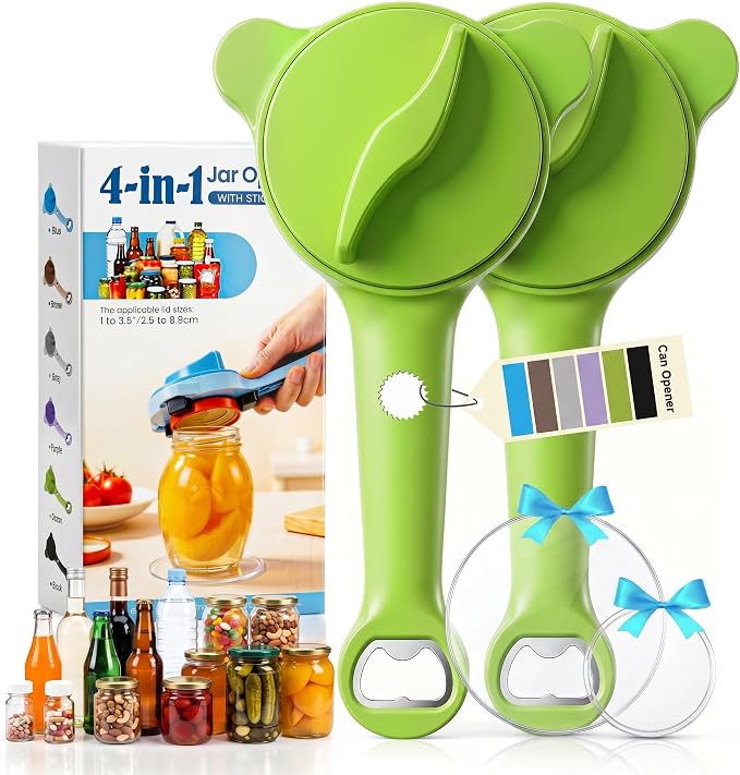 2026 Upgraded 4-in-1 Jar Opener - Adjustable Stainless Steel Lid Remover for Seniors & Arthritis Sufferers, Fits Kitchen Jars, Bottles & Cans Green(2Pcs)