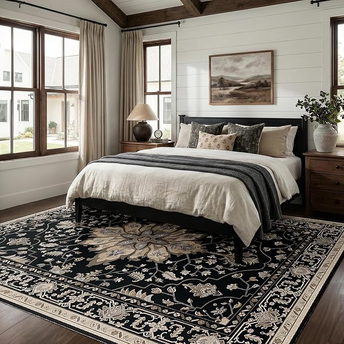 RELEANY Area Rugs 8'x10' Washable Non-Slip, Floral Vintage Distress Medallion Carpet for Living Room Bedroom Dining Room, Black Brown Neutral Dark Tan