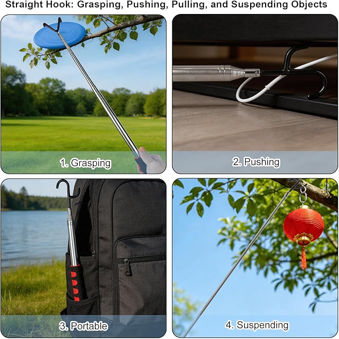 Telescoping Pickup Tool Magnetic Pole with 2 Hooks & Magnet, 300cm/10ft Extendable Push Pull Rod Grabber Wire Reacher Disc Golf Retriever for Hard-to-Reach Areas
