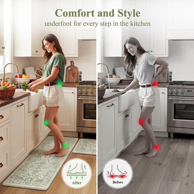 KIMODE Anti Fatigue Kitchen Mat Set, Non Slip Waterproof Kitchen Rug Set of 2, Boho Rugs for Kitchen, Ergonomic Standing Kitchen Sink Mats for Floor, 17"x29.5"+17" x47”, Sage Green
