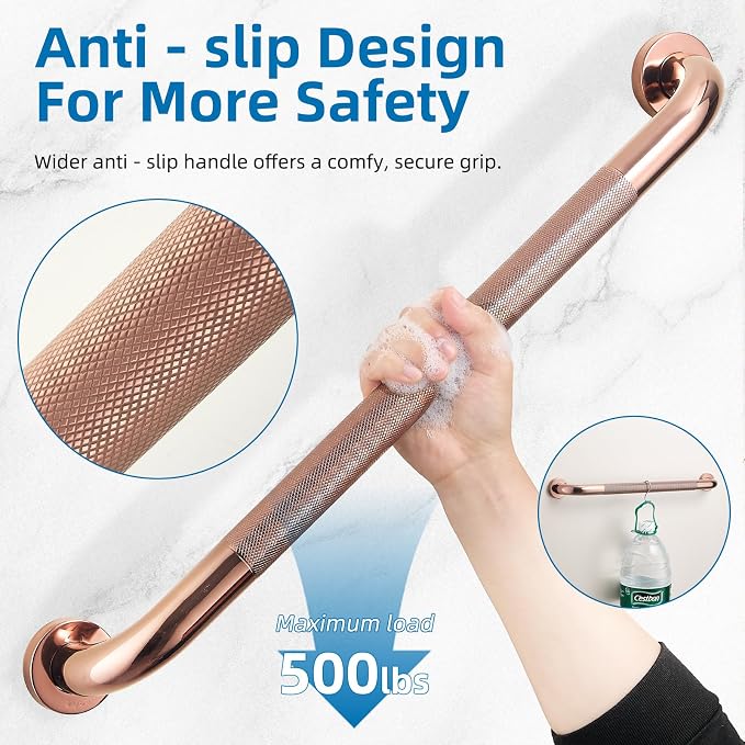 Grab Bars for Shower, Zynuhmo 2 Pack 24 Inch Anti Slip Safety Grab Bar 1.25" Diameter Stainless Steel Shower Handrails for Handicap Injury Pregnant Senior Assist Bath Shower Handles(Rose Gold)