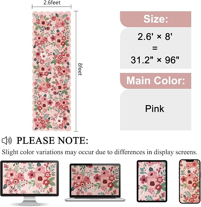 DUKINO 2.6x8 Runner Rug for Hallway, Washable Kitchen Rug with Non Slip Backing & Non-Shediing, Soft Low Pile Floral Design Runner for Bedroom, Kithchen, Living Room, Laundry, Bathroom, Pink