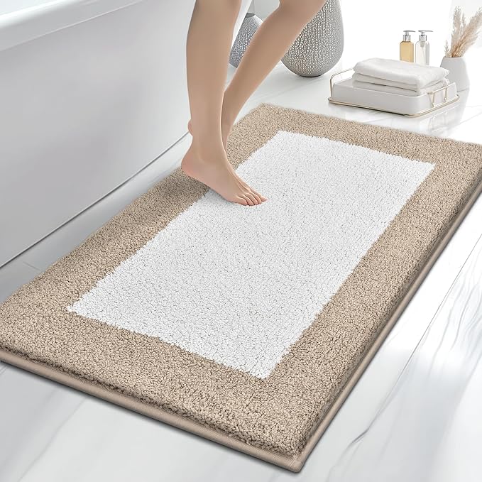 anllugs Bathroom Rugs 30" x 46", Non-Slip Extra Soft Absorbent Bath Rugs, Machine Washable Quick Dry Bath Mats for Bathroom Floor, Shower, Bathtub and Sink, Beige & White