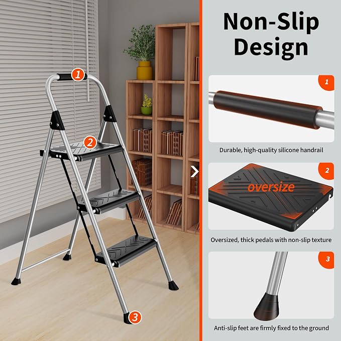 DIAMONDFORGE 3 Step Ladder, Folding Step Stool with Anti-Slip Wide Pedal, Soft Handle, Anti-Slip Feet, Sturdiest Steel Construction, 900lbs Capacity Steel Ladder for Home and Office, Grey