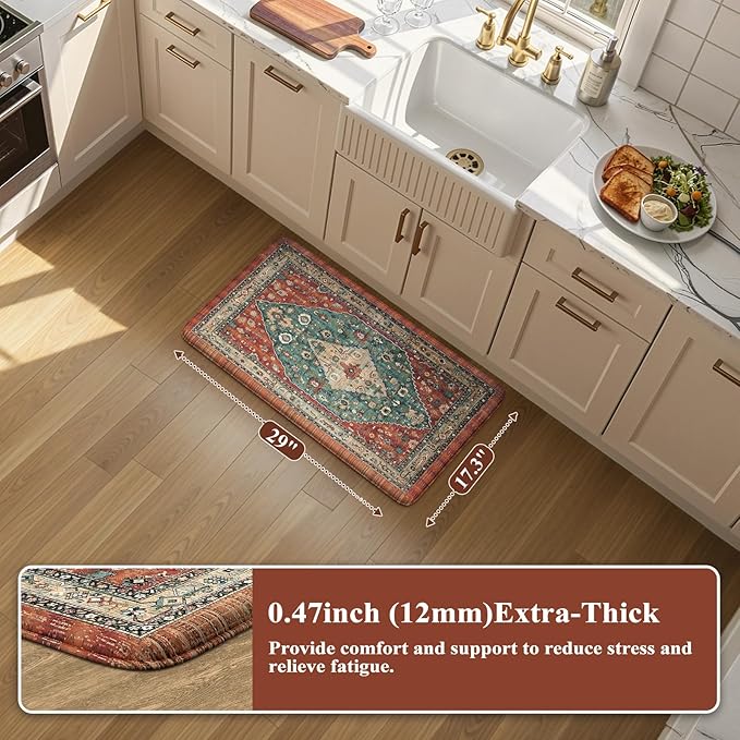 Collive Boho Kitchen Mats Cushioned Anti Fatigue Mats, Non-Slip Kitchen Floor Mats, Standing Kitchen Mats for Office, Sink, Laundry, 17”x30” Red Waterproof Kitchen Rug