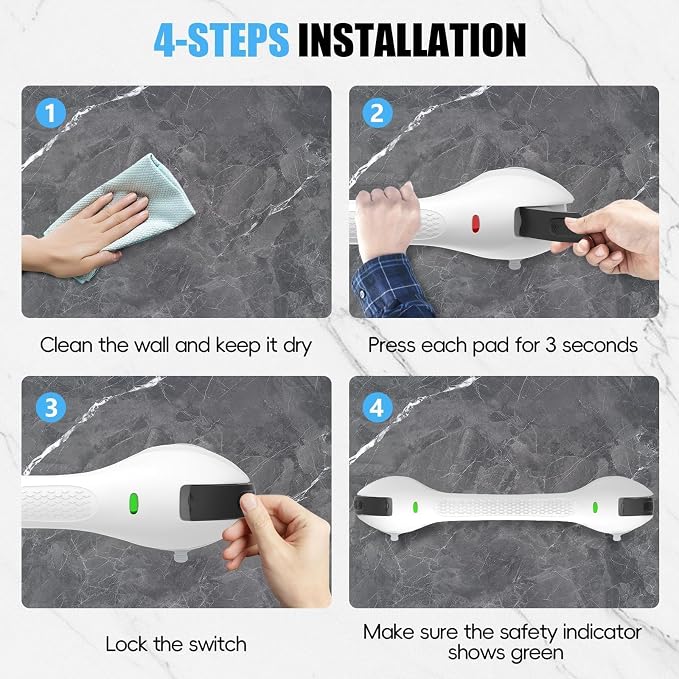 SPECILITE 17 Inch Shower Handle, Disabled and Elderly Strong Suction Cup, Grab Bars for Bathtubs and Showers, Seniors Handicap Safety Handrail for Bathroom Toilet Tiles Glass, White, 1 Pack