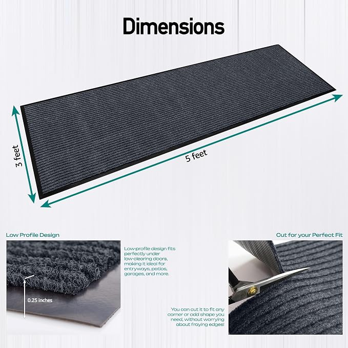 Durable Rubber Door Mat - Heavy Duty, Indoor/Outdoor, Easy Clean, Waterproof, Low-Profile Mat for Entry, Patio, Garage - Stylish (Charcoal, 5' x 3' (Mud Trapper))