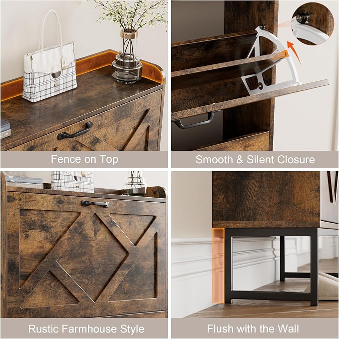 Nicetree Shoe Cabinet with 2 Flip Drawers, Freestanding Shoe Storage Cabinet with Metal Legs, Farmhouse Shoe Organizer for Entryway, Foyer, Hallway, Rustic Brown
