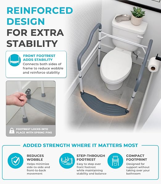 Stander Wonder Toilet Safety Rails for Seniors, Adjustable Detachable Toilet Frame with Padded Handles for Elderly Adults, Foldable Handicap Support Rail with Footrest, Fits Any Toilets