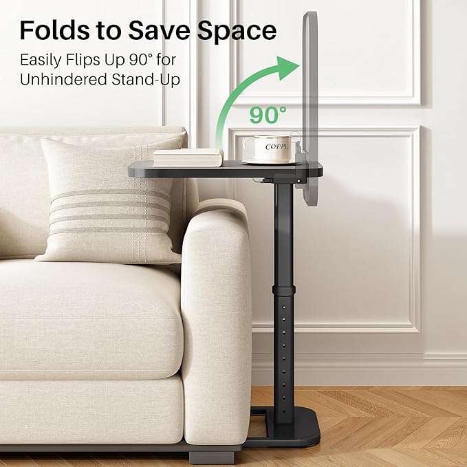 Kitstorack Upgraded TV Tray Table with Panel Lock, 90° Flip-Over Design & Adjustable Height, Sofa Arm Side Table for Eating, Laptop, Couch, Bed, or Small Spaces, Dark Gray