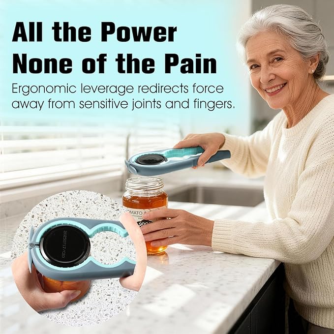 Jar Opener Bottle Opener, 5-in-1 Multi-Function Can Opener with Ergonomic Non-Slip Handle, Kitchen Tool Set for Weak Hands, Seniors with Arthritis, Blue