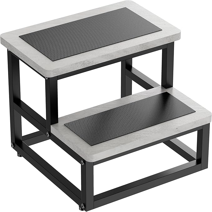 SZLHANJZ Step Stools, Heavy Duty Stepping Stool for Kids Adults, Non-Slip Metal and Wooden 2 Steps Foot Stool for High Beds and Kitchen, Round Corner, 500 Lbs Capacity, Cement Gray