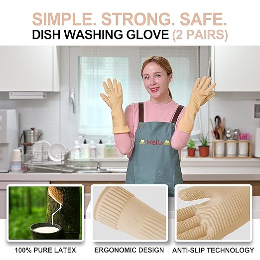 DABOGOSA Mamison 2 Pairs Reusable Waterproof Household Dishwashing Cleaning Rubber Gloves, Non-Slip Kitchen Glove (Ivory, Medium (Pack of 2))