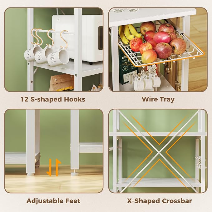 SUPERJARE Large Bakers Rack with Power Outlets, 6-Tier Microwave Stand, Coffee Bar with 12 S-Shaped Hooks, Kitchen Shelf with Wire Basket, 39.4 x 14.6X 66.9 Inches, White