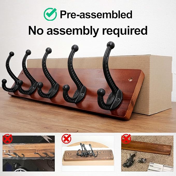 WEBI Rustic Coat Rack Wall Mount,5 Cast Iron Coat Hooks Wall Mounted,Heavy Duty Wood Wall Coat Hanger Hooks for Hanging Coats,Jacket,Clothes,Backpack,Farmhouse,Cherry