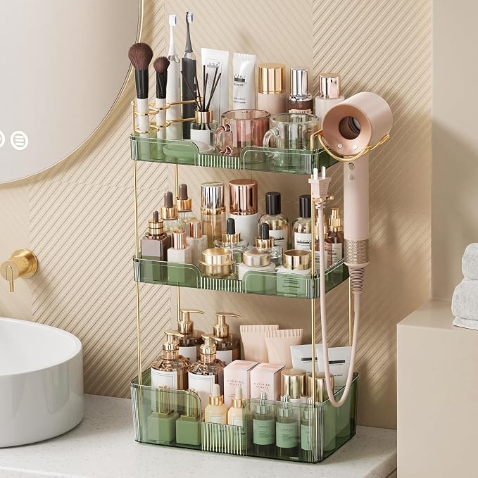 Bathroom Counter Organizer for Vanity, Makeup Organizer Countertop with Holder, Large Capacity Storage Rack, Perfect Large Skincare, Hair Care, Perfume, Easy to Install (Green, 3Tiers)