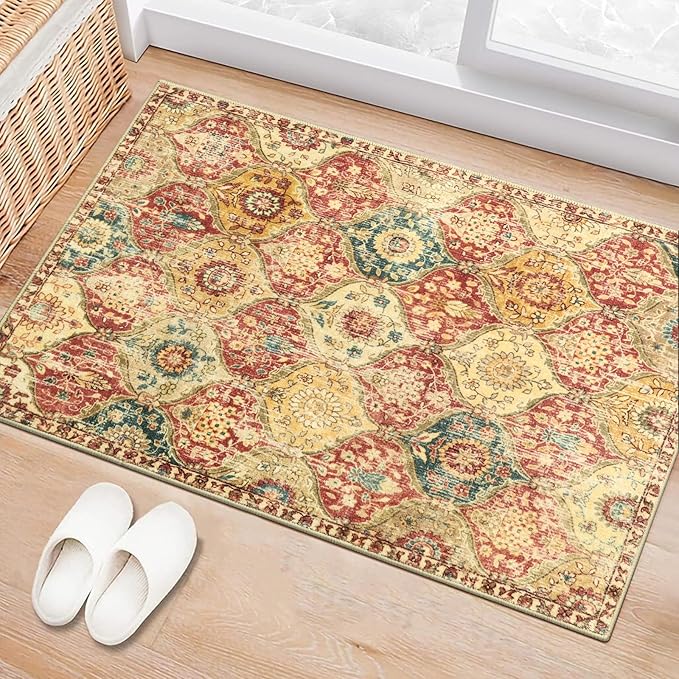 Lahome Moroccan Trellis Washable Rug, 2x3 Bathroom Rugs for Kitchen Entryway, Non-Slip Indoor Door Mat Ultra-Thin, Small Oriental Throw Carpet for Bedroom Entry Elise, Red/Orange