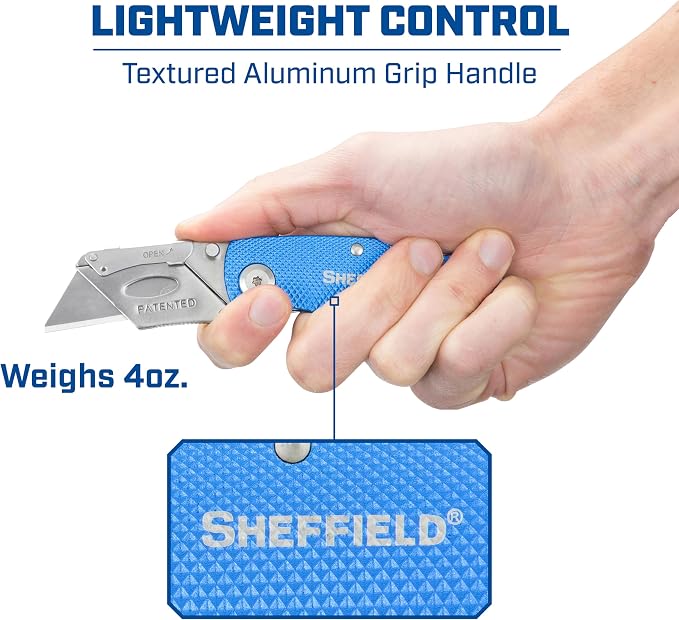 Sheffield Folding Utility Knife, Accepts Standard Utility Knife Blades, Box Cutter Aluminum Handle, Razor Blades Included, For Home, Office, Trades, and Warehouse