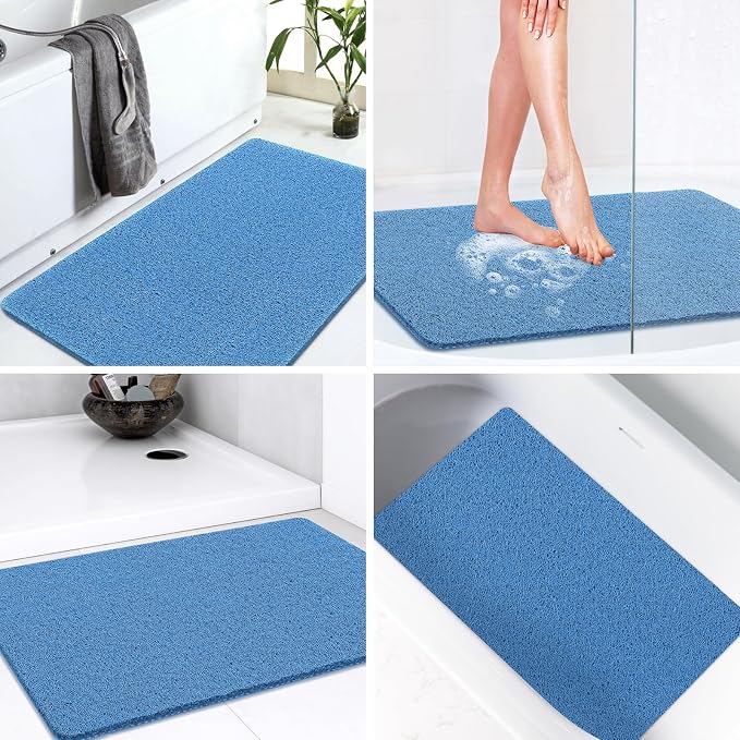 LuxStep Shower Mat Bathtub Mat,24x36 inch, Non-Slip Bath Mat with Drain, Quick Drying PVC Loofah Bathmat for Tub,Shower,Bathroom,Lake Blue