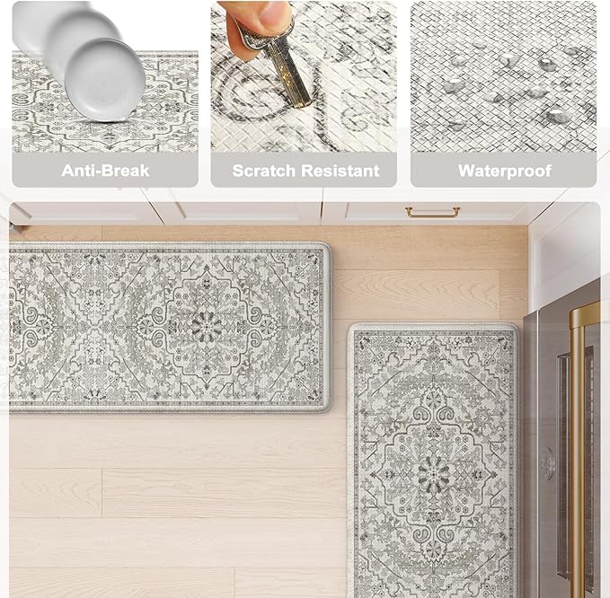 KIMODE Kitchen Mats Cushioned Anti Fatigue, Boho Vintage Grey Kitchen Rugs Sets of 2, Non-Slip Kitchen Mats for Floor, Padded Kitchen Floor Mat for Sink, Laundry, Office, Desk,17"x47"+17"x29"