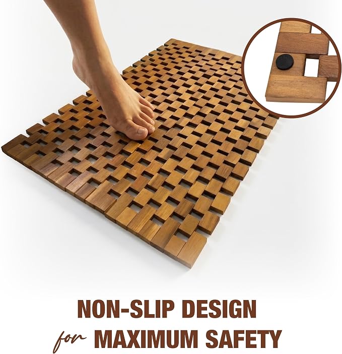 Acacia Wood Bath Mat - Non Slip Sturdy Wooden Shower Mat - Spa, Sauna, Cold Plunge, Camping, Bathroom Décor, Wood Door Mat 20" x 32"