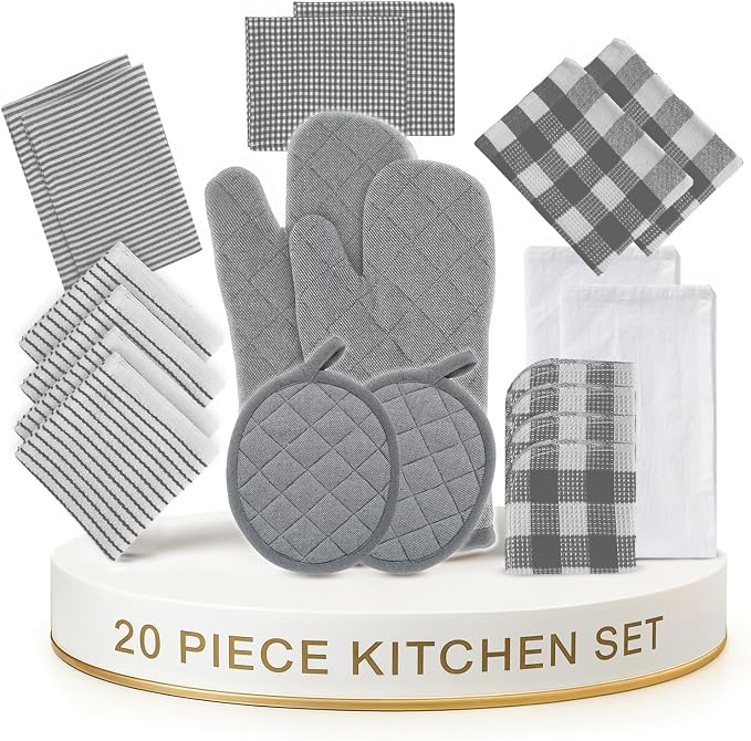 LANE LINEN Kitchen Towels and Oven Mitt Set 20 Pc - Lint Free Cotton Dish Towels for Kitchen Drying, Cozy Terry Dish Rags, Flour Sack Towels for Sourdough Bread Proofing & Quilted Pot Holders - Grey