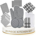 LANE LINEN Kitchen Towels and Oven Mitt Set 20 Pc - Lint Free Cotton Dish Towels for Kitchen Drying, Cozy Terry Dish Rags, Flour Sack Towels for Sourdough Bread Proofing & Quilted Pot Holders - Grey
