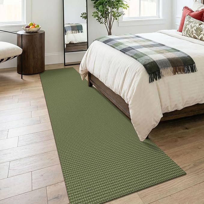 KOZYFLY Cotton Runners for Hallway 2.5'x8', Washable Runner Rug, Woven Non Slip Kitchen Runner, Braided Entryway Rug, Floor Carpet for Foyer, Bedroom, Hall, Olive Green/Earthy Green