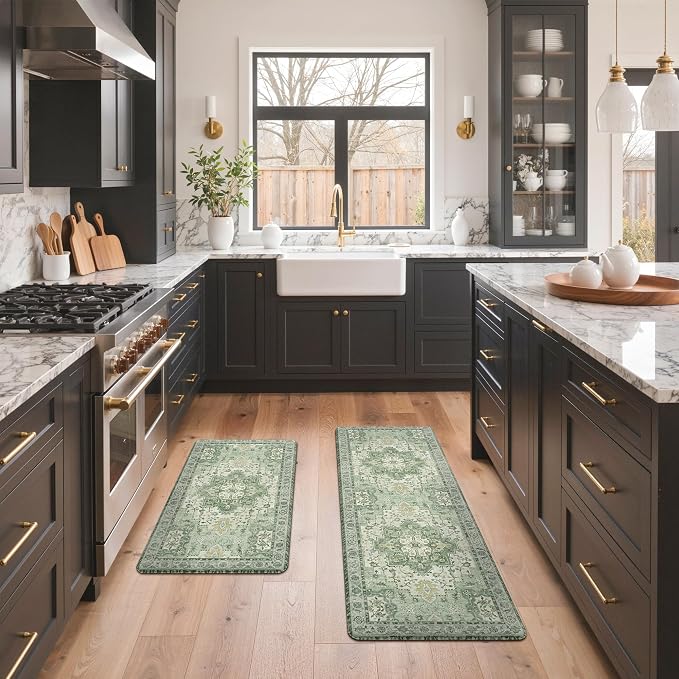 GENIMO Kitchen Mats for Floor 2PCs, Washable Anti Fatigue Mat for Cushioned, 17.3"x47"+17.3"x30", Waterproof Kitchen Rugs, Non Slip Comfort Standing Mat Rug for Home, Sink, Laundry, Light Green