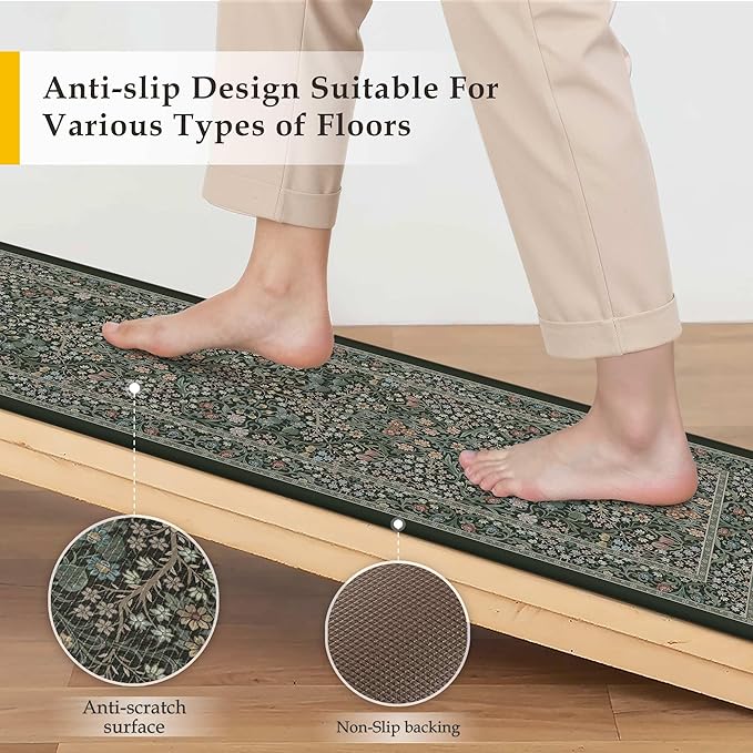 Kitchen Mats for Floor Thick Anti Fatigue Waterproof Vintage Spring Floral Kitchen Rugs 2PCS Cushioned Non Slip Black Green Comfort Standing Mats for Sink Laundry Office 17.3"×47"+17.3"×30"