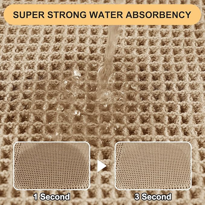 Waffle Bath Mat, Boho Woven Modern Bath Rug Absorbent Non Slip, Ultra Soft Bathroom Mat, Machine Washable Knit Bath Rugs with Bath Letter for Bathroom, Bedroom, Kitchen, Shower, 32"x20", Beige & White