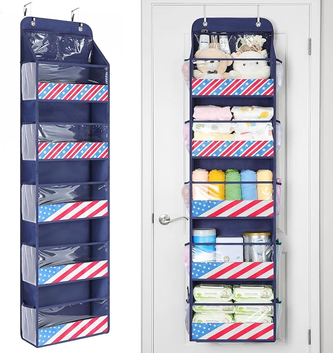 Yecaye 6 Tier Over the Door Organizer, Swing-proof Door Organizer Hanging with Clear PVC Windows, Behind the Door Storage for Bedroom Nursery Closet Laundry Pantry Bathroom, Navy Blue