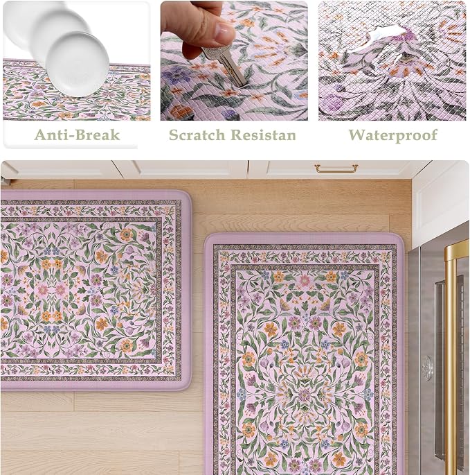 KIMODE Anti Fatigue Kitchen Mats 20"x47"+20"x32", Boho Flora Kitchen Rugs Sets of 2, Cushioned Non Skid Kitchen Mats for Floor, Comfort Kitchen Floor Mats for Sink Laundry Desk Purple