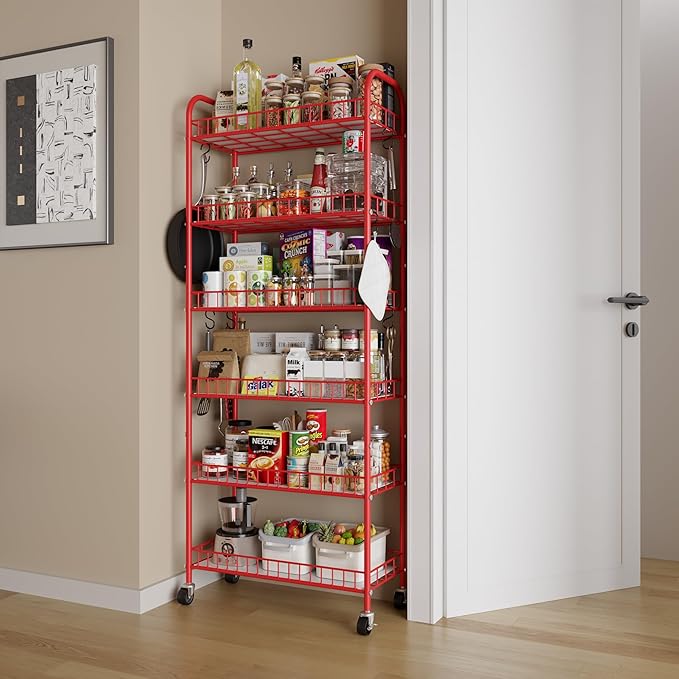 Slim Rolling Storage Cart, 6 Tier Metal Kitchen Rolling Utility Cart with Lockable Wheels for Kitchen, Bathroom, Laundry Room, Small Narrow Spaces (Red 10 Inches)
