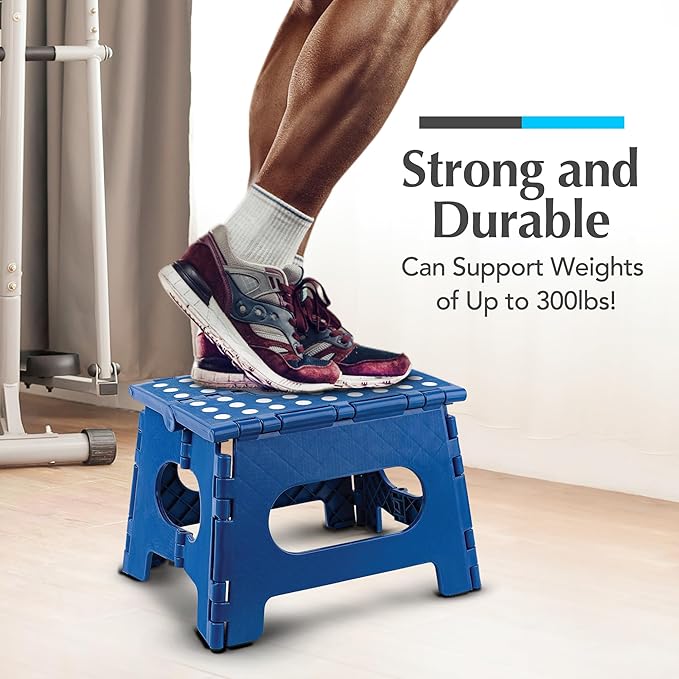 Handy Laundry Folding Lightweight Step Stool - Sturdy Enough to Support Adults - Opens Easy with One Flip - Great for Kitchen, Bathroom or Bedroom (Blue - 9 Inch)