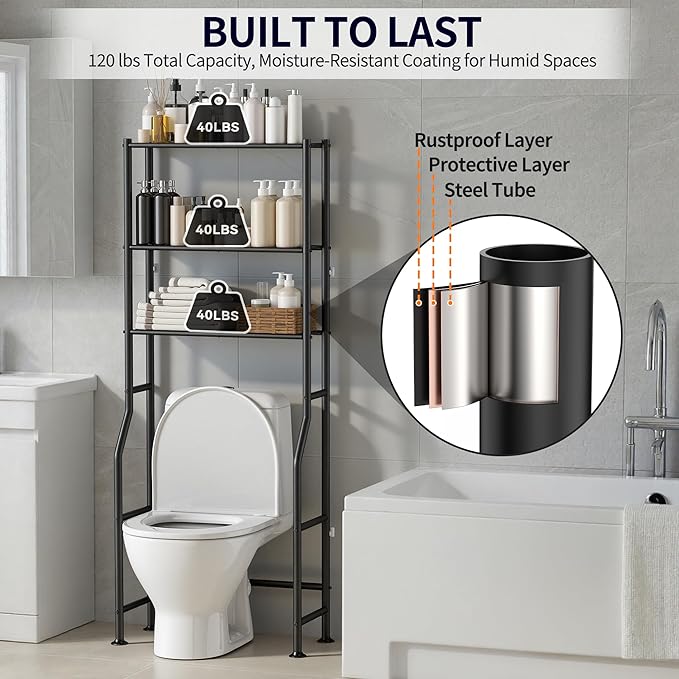 3-Tier Over The Toilet Storage, Freestanding Metal Bathroom Shelves, Space Saver Above The Over Toilet Storage Shelf for Bathroom (Black)