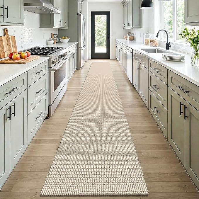 KOZYFLY Braided 2x16 Runners Rugs for Hallway, Extra Long Washable Runner Rug, Woven Non Slip Kitchen Runner, Cotton Entryway Rug, Floor Carpet for Entry, Aisle, Hall, Ivory/Camel/Brown