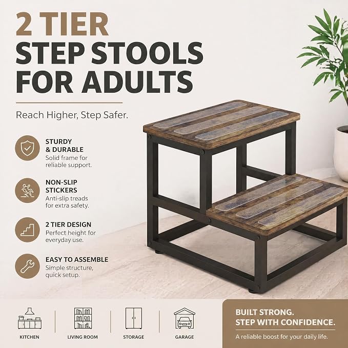 2 Tier Step Stools for Adults with Non-Slip Stickers, Heavy Duty Bed Steps for High Beds,Kitchen Step Stool, Step Stool for RV