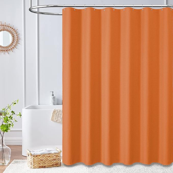Dynamene Extra Wide Shower Curtain - 108 Inch Wide Waffle Weave Weighted Thick Cloth Bathroom Shower Curtain, Neutral Heavy Duty Hotel Bath Curtain Set with 18 Plastic Hooks, 108x72, Burnt Orange