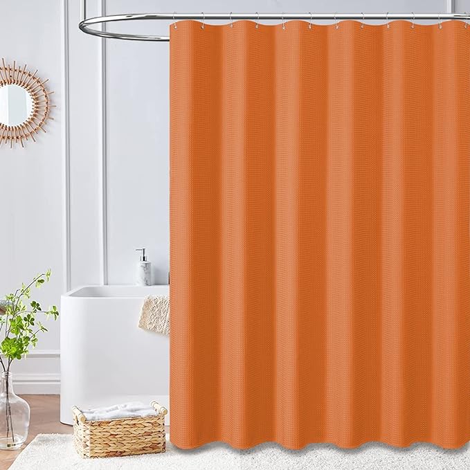 Dynamene Stall Fabric Shower Curtain - 54x78 inch Long Waffle Weave Weighted Thick Cloth Shower Curtains for Bathroom, Heavy Duty Hotel Spa Luxury Bath Curtain Set with 10 Plastic Hooks, Burnt Orange