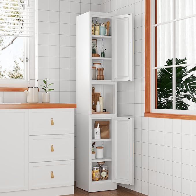 Ckzbx Tall Narrow Storage Cabinet 66.93" H Tall Bathroom Cabinets Metal Pantry Cabinet, 4 Adjustable Shelves for Kitchen, Home Office, Living Room, Dinning Room (12 inches Wide White)