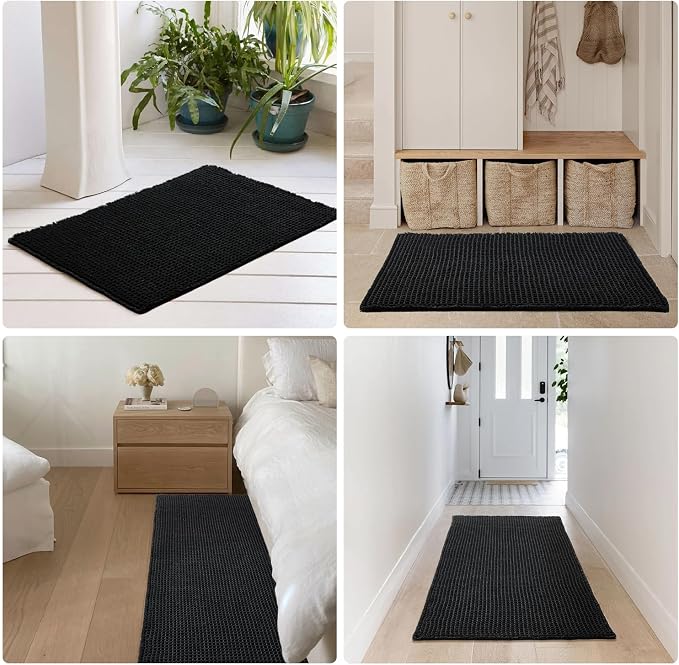 TYUU Black Bathroom Rug, Waffle Bath Mat Non Slip Washable Super Absorbent Quick Dry Boho Farmhouse Bathroom Decor, 24"x16" Black