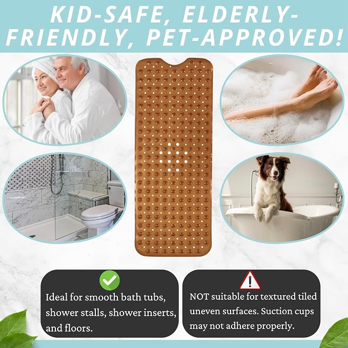 ENKOSI Bath Mat - Large Non Slip Bathtub & Shower Mat - Extra Long 40 x 16 Inch Bathroom Mats for Tub Nonslip Anti Slip Bathmats (40x16 Clear Brown 1-Pack)