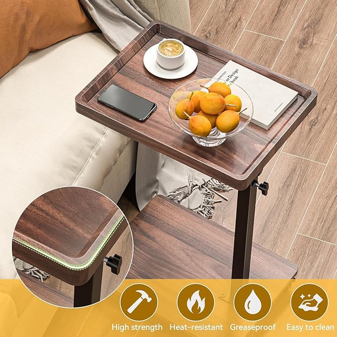 C Table End Table Adjustable Height, 360°Swivel TV Tray Table for Small Spaces, Couch Tables That slide under, C Shaped Side Tables living room and bedroom for Sofa, Bed,Chair, Snack (2, Walnut Brown)