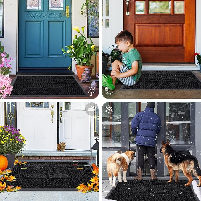 Smiry Front Door Mat Outside Entrance, Heavy Duty Sturdy Natural Rubber Doormat, Trap Dirt and Moisture, Easy Clean Low Profile Mats for Indoor Outdoor Entry, Irregular Triangle (59x20, Black)