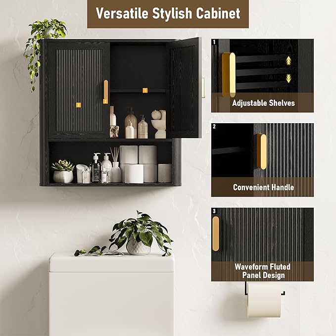 INNOD Bathroom Wall Cabinet, Wall-Mounted Medicine Cabinet with Adjustable Wood Shelf & Doors, Floating Bathroom Cabinet Over Toilet for Laundry Room & Kitchen & Living Room (Black)