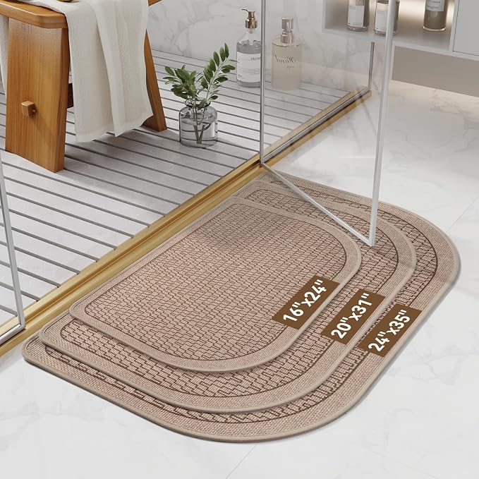 YDKGL Bathroom Rugs Mat 20x31, Non Slip Ultra Thin Bath Mat Quick Dry Absorbent Washable Half Round Bath Mats for Bathroom Floor Rubber Backed Fit Under Door Brown