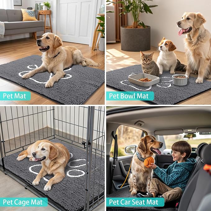 Smiry Dog Door Mat for Muddy Paws, Absorbent Dirt Trapper Non Slip Quick Dry Washable Chenille Mat for Mud Dogs, Entry Rug for Indoor and Outdoor (40x32 Inches, Dark Grey and White)