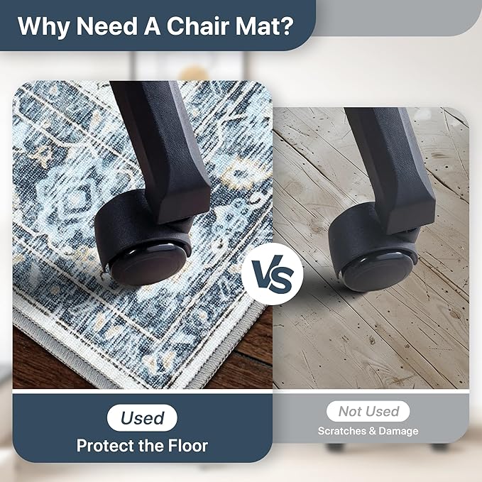 36"x60" Office Chair Mat for Hardwood Tile Floor, Under Desk Carpet Protector for Rolling Computer Chair Mat, Machine Washable Area Rug, Anti-Slip 1/5" Thick Low Pile Thin Vinyl Floor Mat, Blue