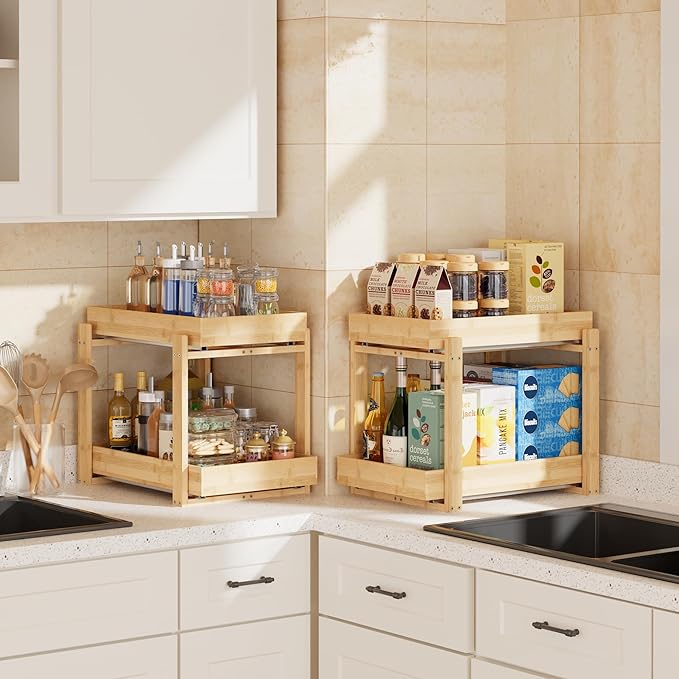 APRTAT 2 Pack Under Sink Organizer, Bamboo Wooden 2-Tier Pull-Out Storage with Sliding Drawers for Kitchen and Bathroom Cabinets, Easy Installation (Natural, 2 Packs)
